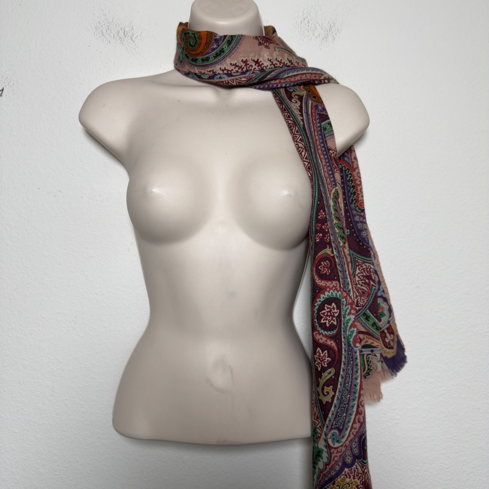 Etro Milano Womens Cashmere Silk Scarf O/S Pink Paisley Fringed Artsy Italy